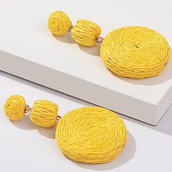 Chunky Yellow Rattan Earrings Wicker Bold Statement Raffia Dangle 80s Retro New - Picture 4 of 8